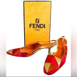 Vintage Fendi Nappa Lamé Metallic Multicolor Geometric Slingback Pump Heel 10M